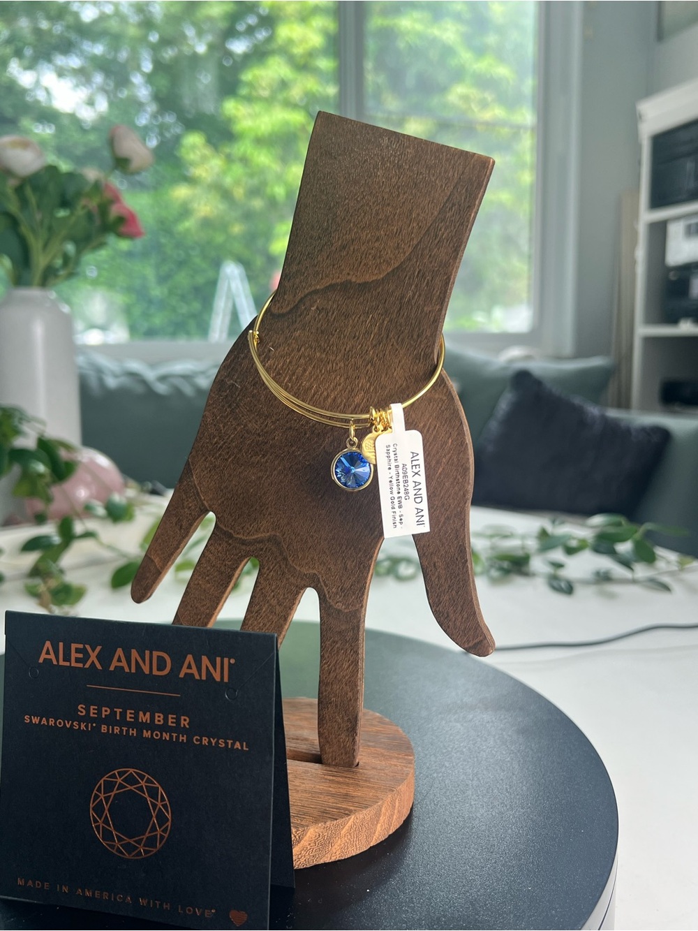 Alex and Ani Gold Bangle with Blue Swarovski Crystal Charm
